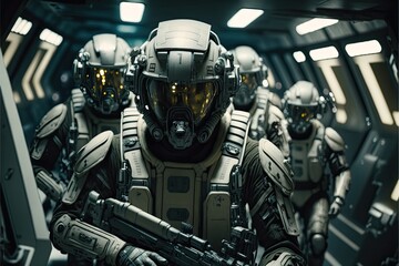 Fototapeta na wymiar Futuristic Sci-Fi Cyborg Space Soldier Ready to Exit Spaceship and Enter Battle. Generative AI.