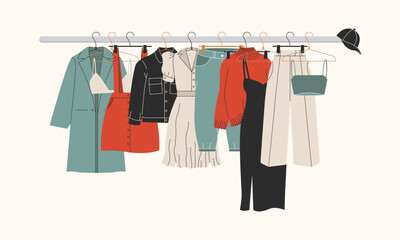 Fashion apparel. Hangers female clothes, clothing storage, boutique assortment rail, garment holder. Vector cartoon set