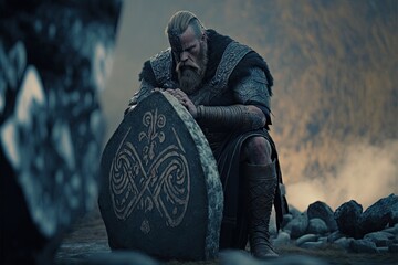 Viking Warrior Kneels Before Stone
