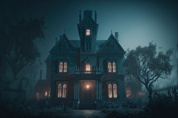 Haunted Mansion with Scary Horror Atmosphere. Generative AI. - obrazy, fototapety, plakaty