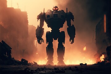 Giant Robot Stands in Front of Burning City. Generative AI. - obrazy, fototapety, plakaty