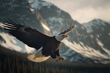 Obraz na płótnie Canvas Majestic Bald Eagle Soaring Above the Mountains. Generative AI.