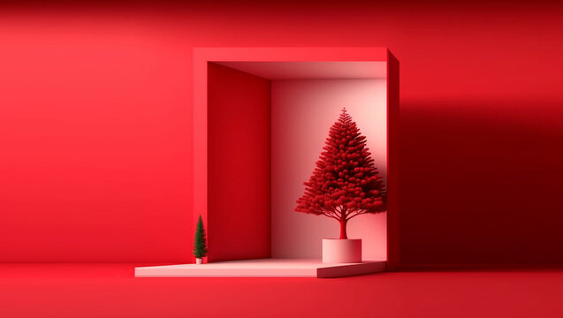 3D Base Podium, Red Background, Red Room, With A Christmas Tree On Top, Red Wall, Studio Interior, Photography, Illustration