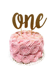 Pink smash cake for one year old birthday party with a transparent background