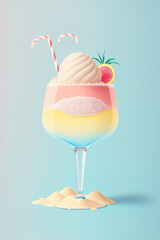 A Summer cocktail in a glass with a Summer holiday in it. Pastel background. Delicious, refreshing refreshment, party drink. Illustration. Generative AI.