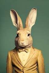 Abstract, creative, illustrated, minimal portrait of a wild animal dressed up as a man in elegant clothes. A rabbit standing on two legs in vintage costume. Generative AI.