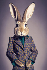 Abstract, creative, illustrated, minimal portrait of a wild animal dressed up as a man in elegant clothes. A rabbit standing on two legs in vintage costume. Generative AI.