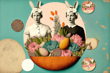 Vintage Easter card. Funny bunnies. Retro style collage background. Illustration Generative AI