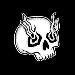 skull flame art Illustration hand drawn black and white vector for tattoo, sticker, logo etc