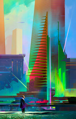 drawn city of the future. Buildings in cyberpunk style with man