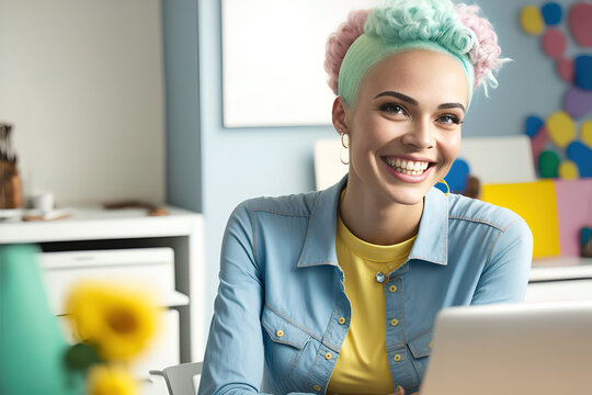 Young, Beautiful, Hardworking Smiling Girl At Her Workplace, Working Hard In The Office At Her Laptop. Pleasant Working Atmosphere. Illustration. Generative AI.