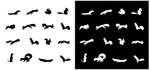  Animated silhouette squirrels isolated on white background.
