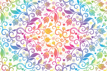 Vector seamless valentine floral pattern with vintage curls and flowers and hearts