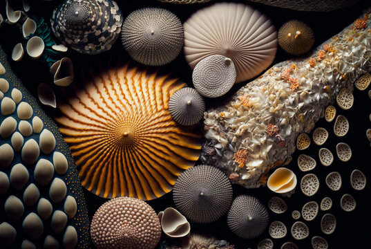 abstract texture of seashell fish scales moss kelp snake skin nautilus shell mother of pearl sparkling ocean waters arranged beautiful pattern background.generative ai.
