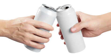 Two hands clinking white aluminium beer cans cut out