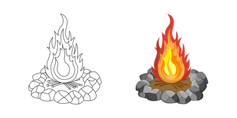 Campfire, burning fire, bonfire with firewood and stones. Coloring page for children. Contour icon. Kids coloring book for elementary school. Black and white illustration.