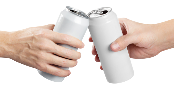 Two hands clinking white aluminium beer cans cut out