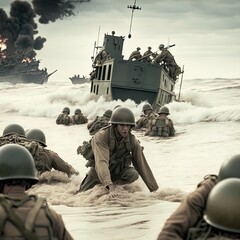 Marine invasion on the beach. Action scene created with Generative AI.  - obrazy, fototapety, plakaty
