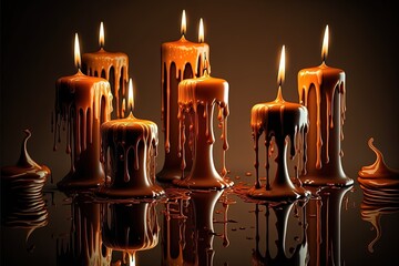 Melting wax candles, magical candles on the table, liquid paraffin, wax candle sticks, generative ai - obrazy, fototapety, plakaty