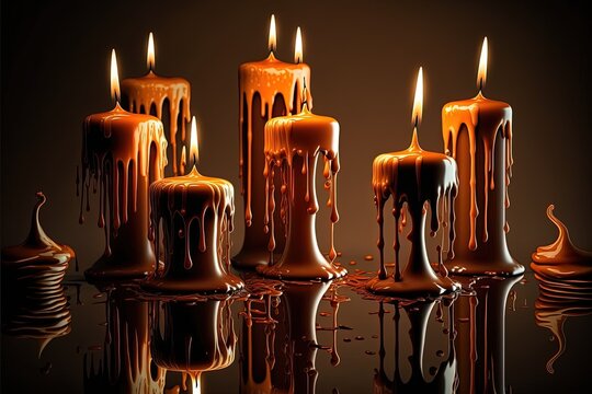 Melting wax candles, magical candles on the table, liquid paraffin, wax  candle sticks, generative ai Stock Illustration