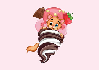 Ice cream cute cartoon character with strawberry on a magenta background