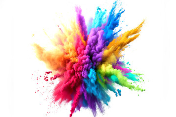 Colored powder explosion. Colorful traditional holi powder. Concept Indian color festival called Holi.  Abstract closeup dust. AI generative illustration