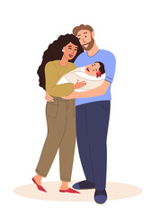 Mother and father holding newborn baby.Woman,man with swaddled infant in arms.Sleeping child in hands of parents.Happy motherhood,decree,parenting.Flat vector illustration isolated on white background