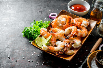 Shrimps with greens, lime and sauce.