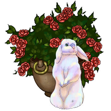 Illustration of a cute rabbit in the garden with flowers. High quality photo