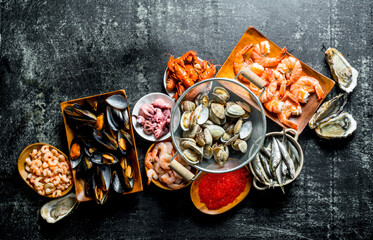 A variety of delicious seafood with caviar on the plate.