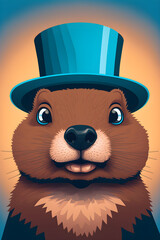 Groundhog wearing a hat illustration, groundhog Day illustration for groundhog Day, groundhog Day vector illustration 