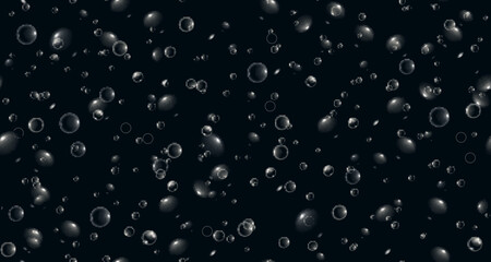 Blobs on dark window surface. Rain droplets on glass. Seamless pattern drops water on black background. Realistic 3d vector illustration.
