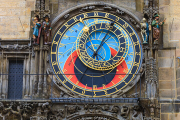 Prague astronomical clock close-up. The main attraction of the capital of the Czech Republic. Background