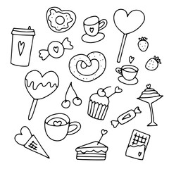 Doodle Valentines Day sweets, coffee set. Hand-drawn desserts with cute hearts. Outline festive candy, cake, drinks, berries, ice cream, donut, chocolate. Lollipop signs. Vector love food illustration