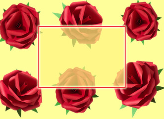 craft rose flower on yellow background, transparent frame in the middle as copy space, creative holiday design
