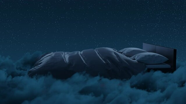 Cozy bed flying over fluffy clouds at night
