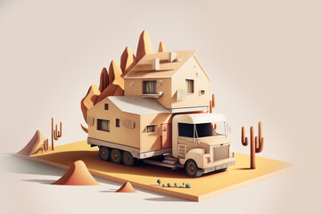 Obraz premium Concept transportation of building wooden house, service machine carries out move. Minimalism illustration, Generation AI