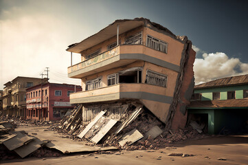 Fototapeta premium Consequences of destruction from earthquake, destroyed houses and roads. Concept of natural disasters. Generation AI