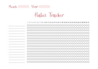Vector Modern colorful habit tracker printable template with colorful elements. Habits tracker for month. Blank white notebook page A4