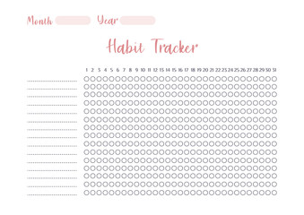 Vector Modern colorful habit tracker printable template with colorful elements. Habits tracker for month. Blank white notebook page A4