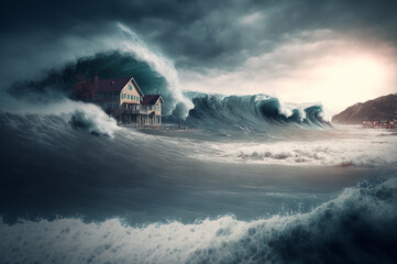 Tsunami process, big waves cover USA city and houses. Storm with thunderstorm paralyzed infrastructure. Generation AI