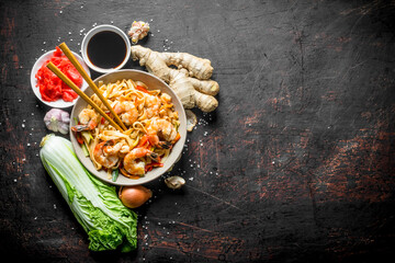 Noodles with Beijing cabbage, ginger, onion, garlic and soy sauce.