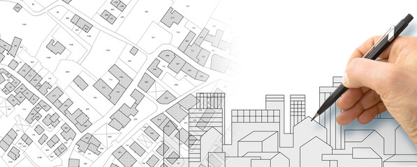 Architect or Engineer drawing a city skyline with residential bu