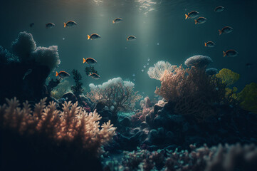 Naklejka na ściany i meble Underwater scene in Egypt. Colorful fish groups in Coral reef, clean ocean water. Dark mood, Generation AI