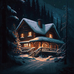 snowy cabin in the woods at night 