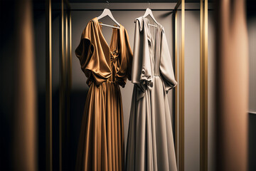 beautiful evening dresses hanging on wooden hangers at hanger stand in luxury modern store. AI generated image.