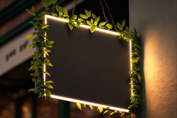 Blank minimal shop signboard mockup for design, street hanging sign board for logo presentation with light garland among the leaves. AI generated image.