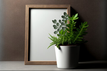 Wooden vertical frame with white blank card and green plant in concrete pot on wooden table on grey wall background, minimal loft mockup for your design, free space for text. AI generated image.