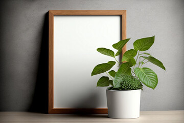 Wooden vertical frame with white blank card and green plant in concrete pot on wooden table on grey wall background, minimal loft mockup for your design, free space for text. AI generated image.