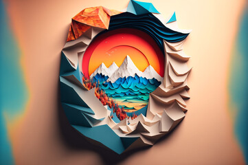 Concept travel Cappadocia Turkey, style illustration layered paper. Amazing colorful hot air balloon. Generation AI